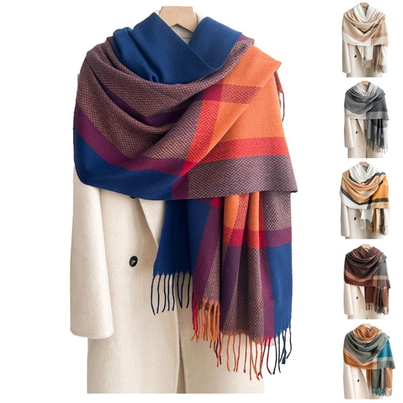 Women's Autumn Winter Warm Plaid Scarves with Fringe College Style Colorful Shawl