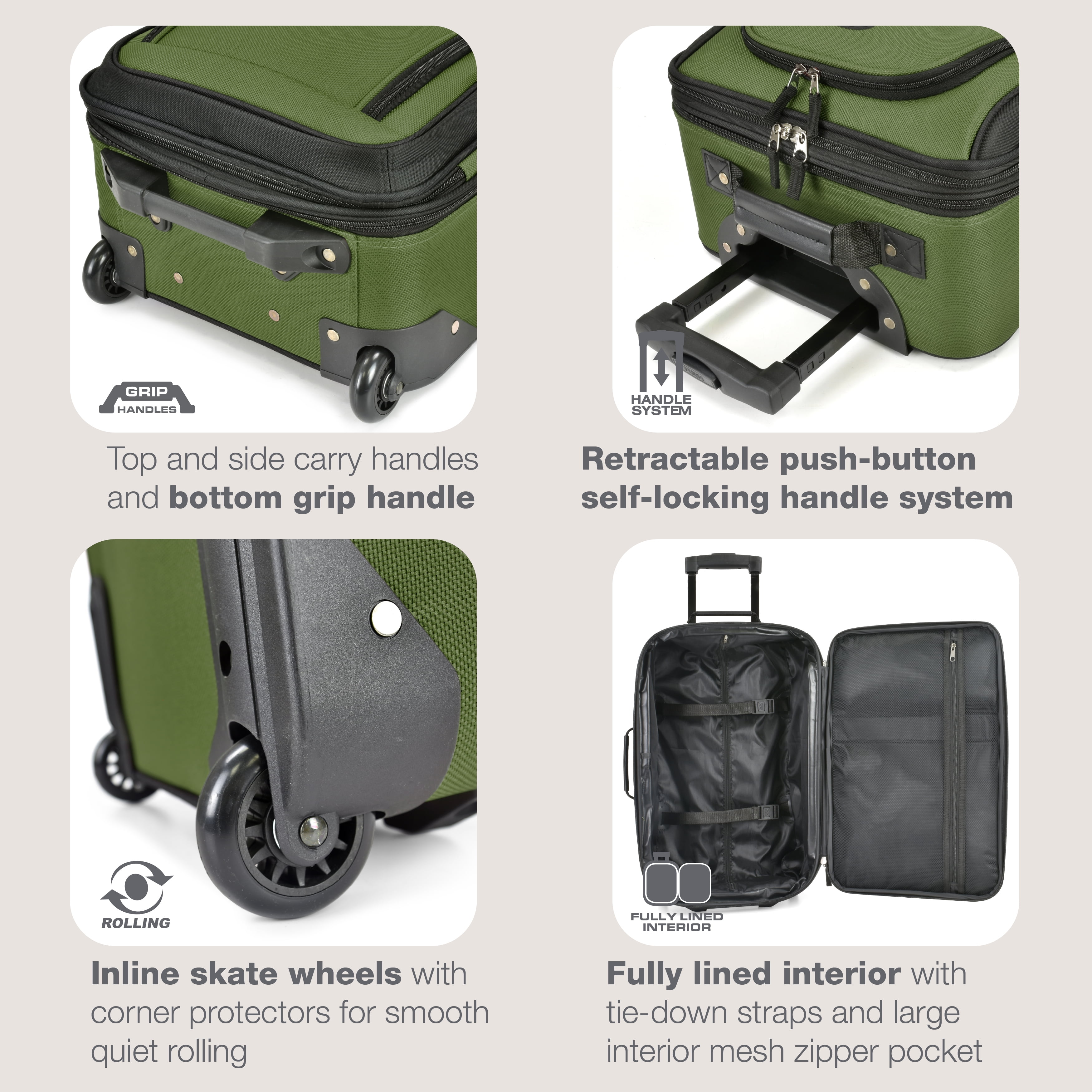 U.S. Traveler Rio Rugged Fabric Expandable Rolling Carry-on Luggage Set w/ Tote, Green, 2-Piece (21/10)