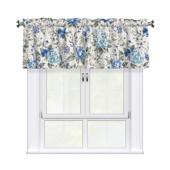 Blue Vintage Floral Garden Window Valance 54x18 in, Rod Pocket Polyester Curtain Valance, Kitchen Valance, Short Window Curtain, Printed Window Treatment for Kitchen Living Room