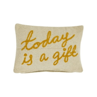 Creative Co-Op Embroidered Cotton Lumbar Pillow with "Today Is A Gift" Design, Cream and Mustard