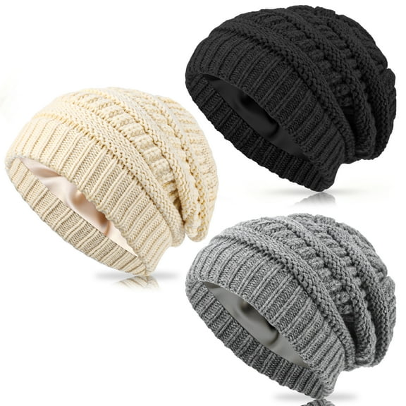 Bocaoying 3 Pack Satin Lined Beanie for Women, Warm Slouch Winter Hats with Silk Lined, Fashionable Oversized Cable Knit Hat Skull Cap