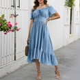 thumbnail image 7 of ClodeEU Women's Off Shoulder Puff Short Sleeve Waist Tie Irregular Midi Dress,Casual Summer Swing Dress Light Blue,Women's Plus M, 7 of 7
