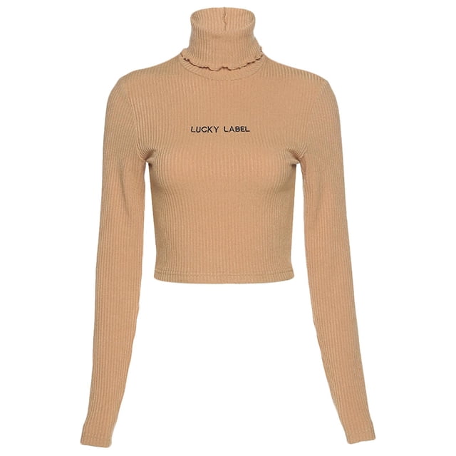 S Camiseta de manga larga de otoño para mujer, camiseta de Color liso con volantes y letras de cuello alto, Top corto bordado, Jersey básico ajustado acanalado, ropa de calle
