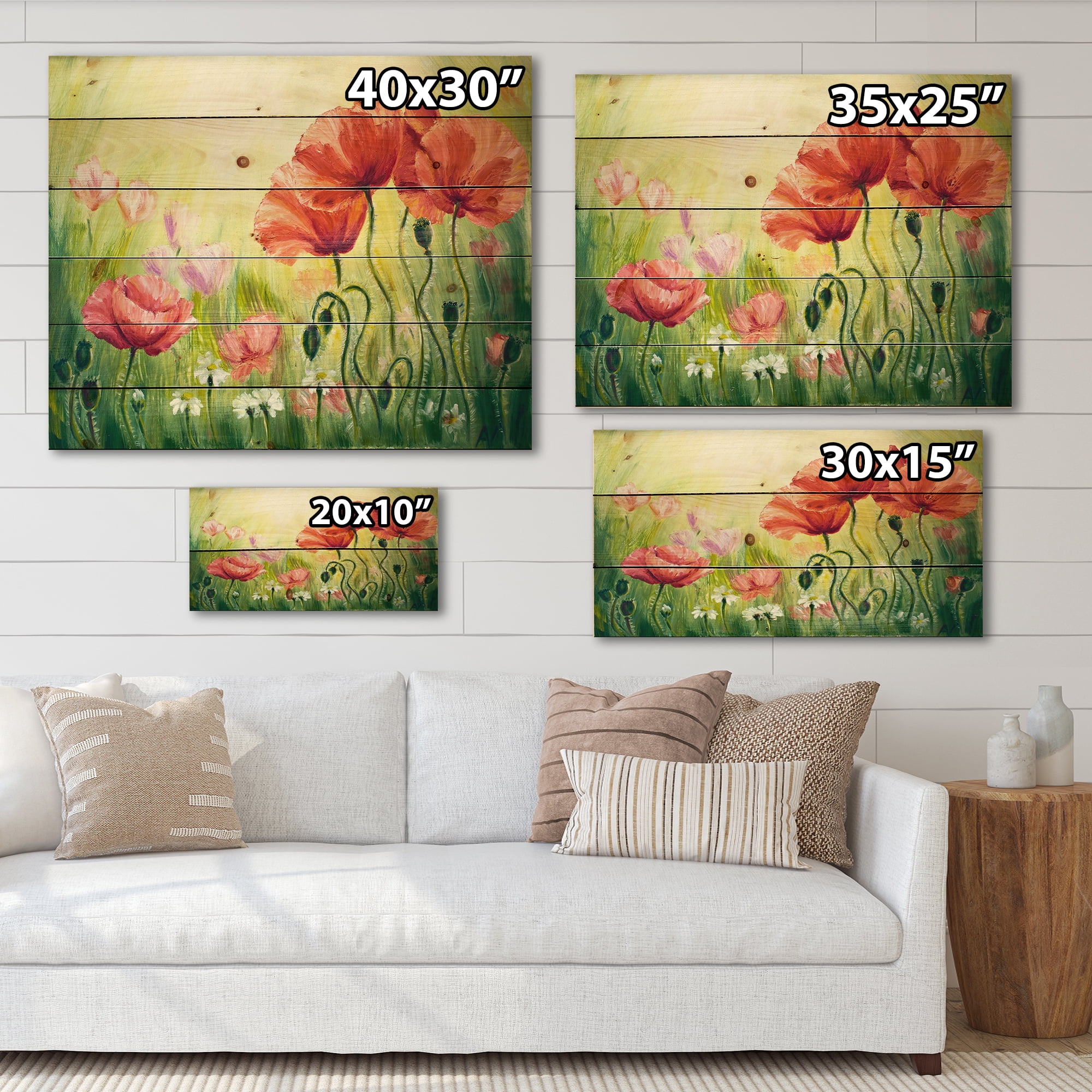 Designart 'Blossoming Red and Purple Poppies In The Morning I' Traditional Print on Natural Pine Wood