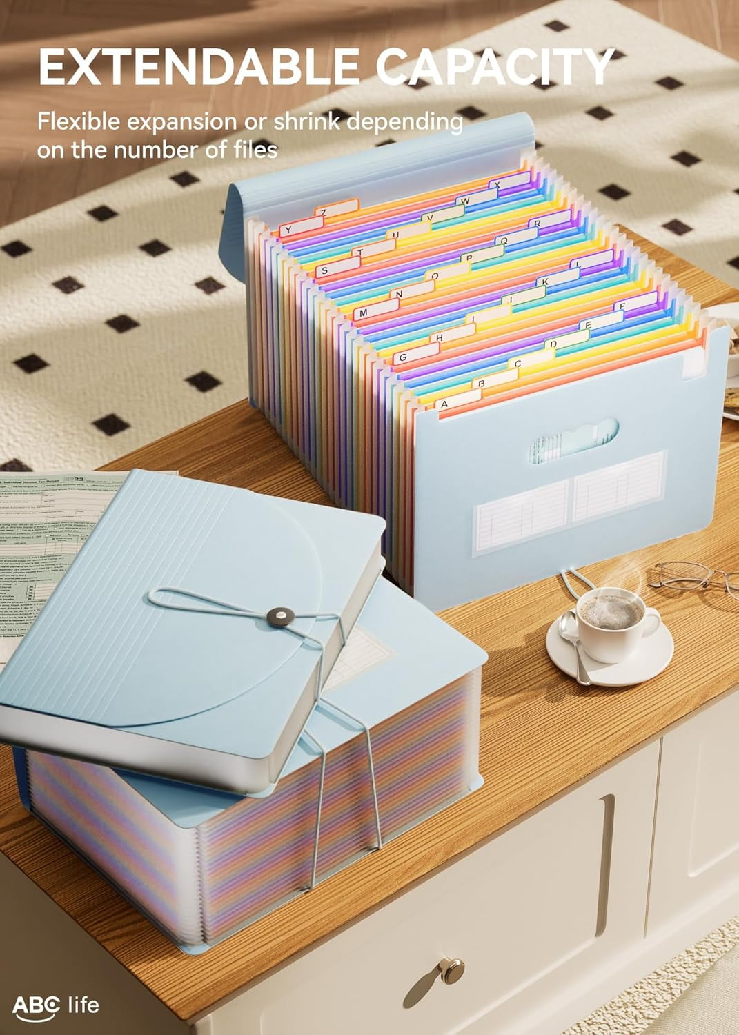 26 Pockets Accordian File Organizer Expanding File Folders, Portable Letter A4 Size Filing Box,Plastic Monthly Receipt Document Organizer with Colored Tabs (Light Blue)