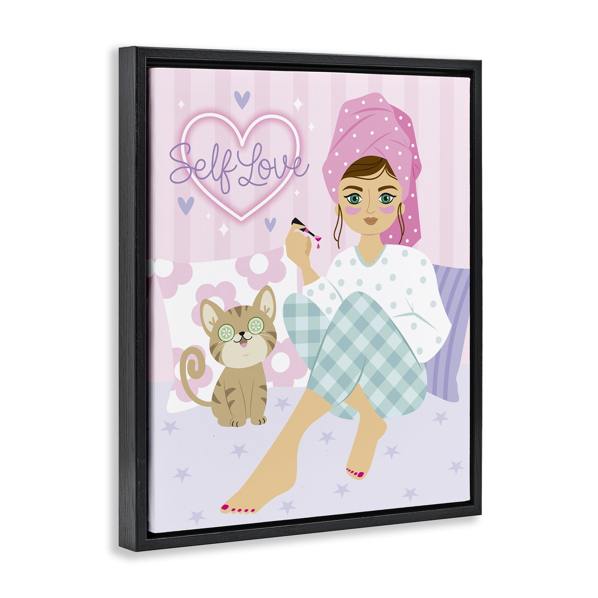 Stupell Industries Self Love Girl & Cat People Painting Black Floater Framed Canvas Art Print Wall Art, 17 x 21