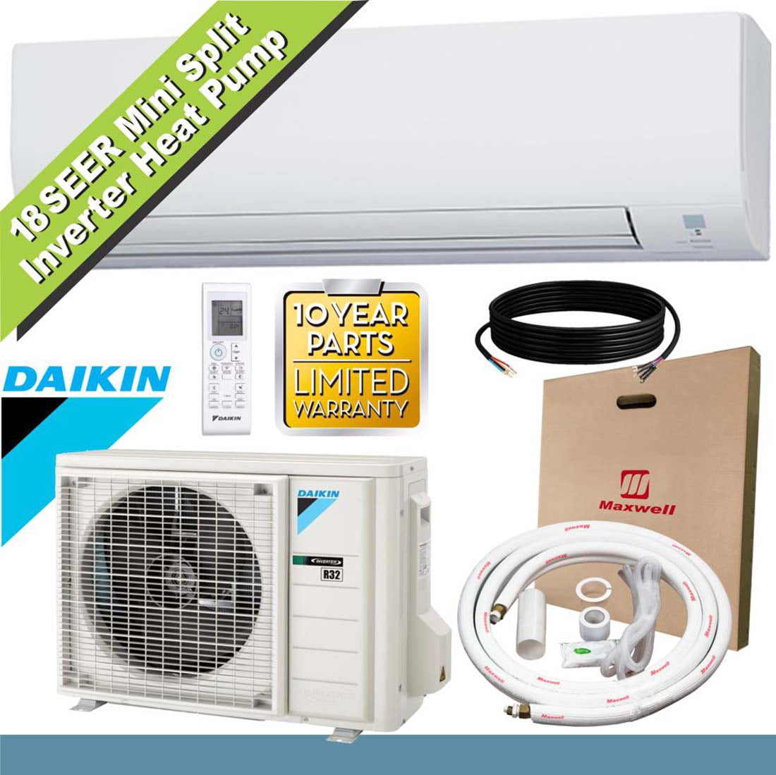 Daikin 12,000 BTU 19 SEER Ductless Mini Split Inverter Air Conditioner Heat  Pump 550 sq. ft. - Walmart.com