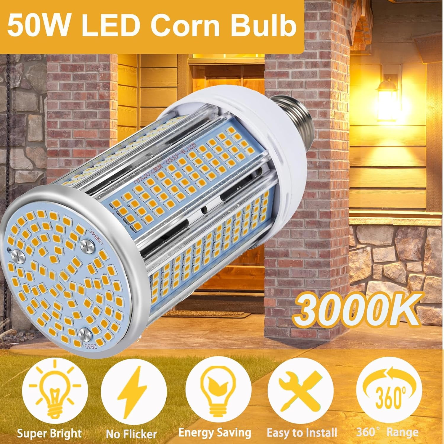 2 Pack 50W LED Corn Light Bulb 6000 Lumen Led Corn Bulb Super Bright 3000K Warm White E26/E27 Base LED Light Bulb for Home Garage Lighting Garage Backyard Office Household