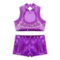 thumbnail image 4 of Sxiwei Kids Girls Shiny Sequins Mock Neck Crop Top with Booty Shorts Set Gymnastics Dancewear Purple 6, 4 of 7