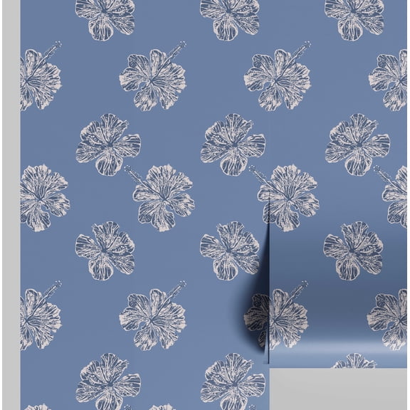 S4Sassy Hibiscus Flower Wallpaper - Blue Wall Covering, 25" x 120" Self-Adhesive Vinyl Wall Paper, Decorative Walls Wrap, Easy DIY Walls Covering For Bedroom, Living Room, Living Space
