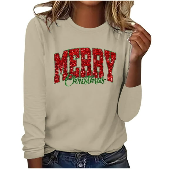 Christmas Sweatshirts for Women Plus Size Crew Neck Pullover Tops Casual Loose Cute Graphic Long Sleeve Shirt (Beige M)