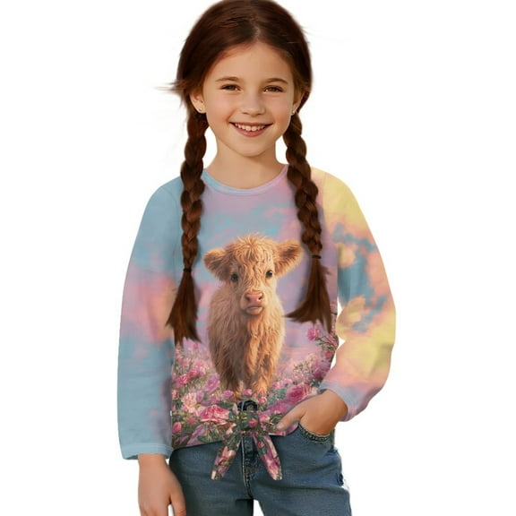 Xoenoiee Highland Cattle Flower Print Girls Casual Long Sleeve T-Shirt Fall Blouse for Girls Front Tie Tee Tops Round Neck Pullover Sweatshirt, 5-6 Year