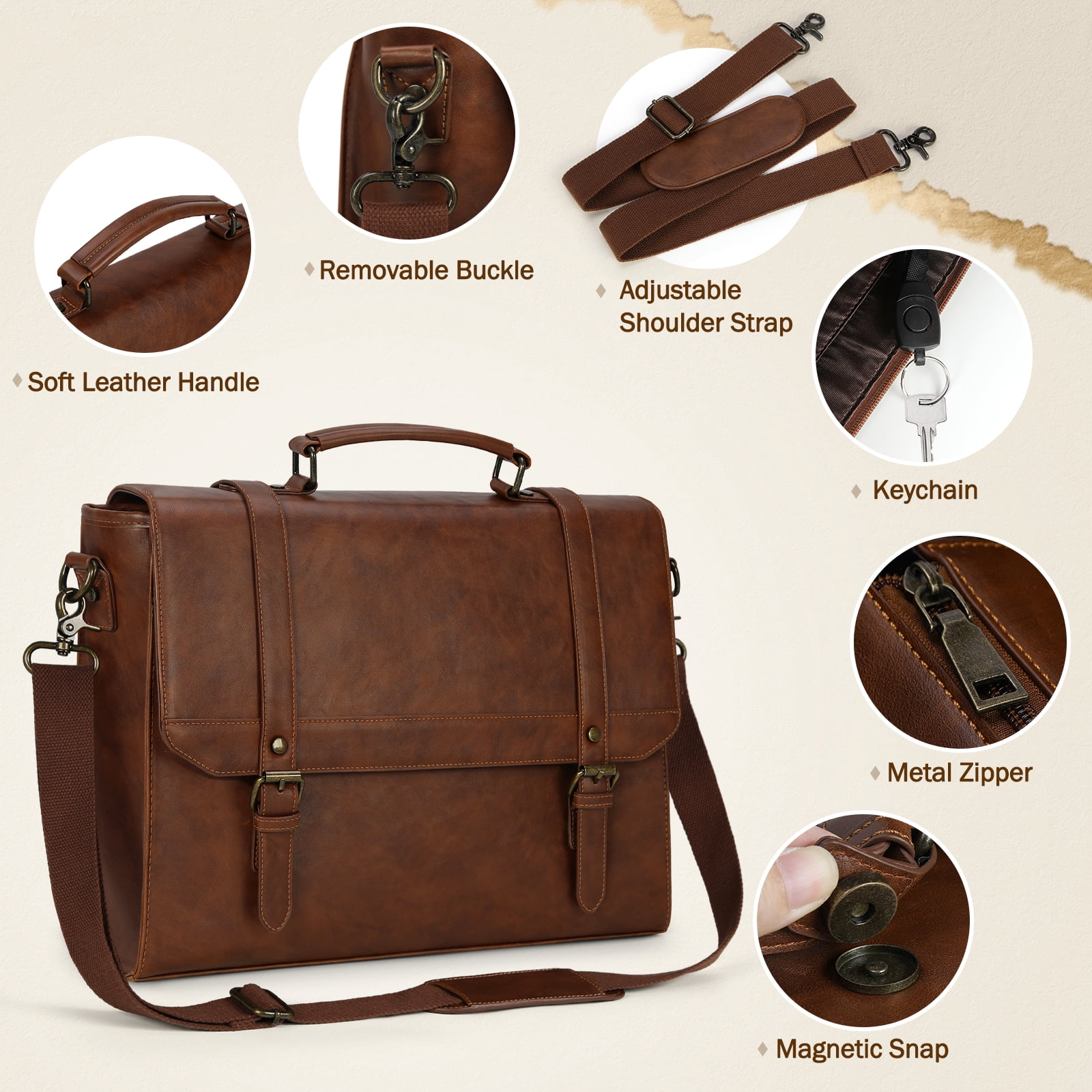 RAINSMORE Messenger Bag for Men 15.6 inch Vintage Leather Waterproof Laptop Briefcase Computer Laptop Bag Large Satchel Bag Retro Shoulder Bag for Office Business College,Brown