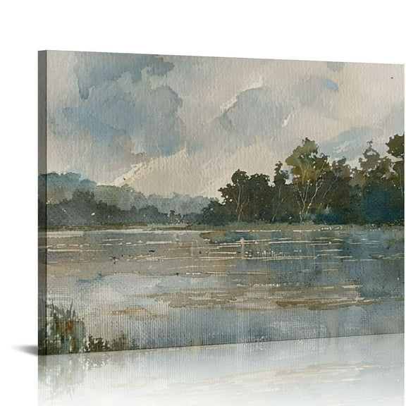 JEUXUS Framed Canvas Wall Art Room Decor Lakeside Landscape Vintage Wall Art Watercolor Vintage Wall Painting Prints Wall Decor for Bathroom Bedroom Living Room Office