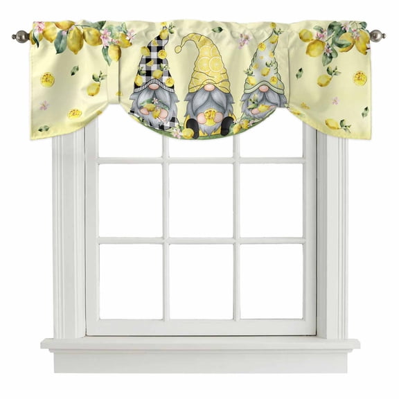 Yellow Lemon Gnomes Tie Up Valance Curtains for Windows, Kitchen Curtains Window Treatments, Vintage Fruits Leaves Country Rustic Short Window Shades Valances for Bedroom Bathroom Cafe 54"x18"
