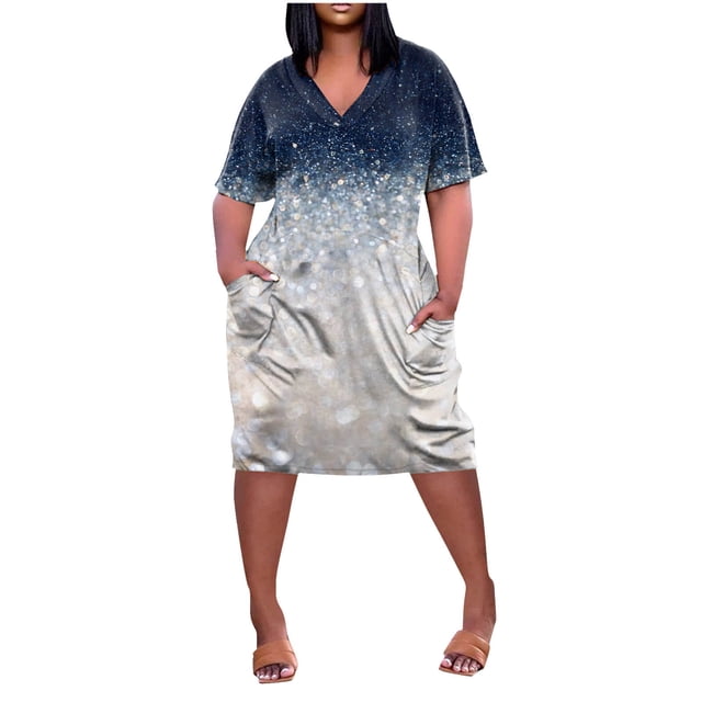 Robes d'Été pour Femmes 2025 Mode Imprimée Col en V Confortable Manches Courtes Longueur Genou avec Poches Robe Femmes Marine TG