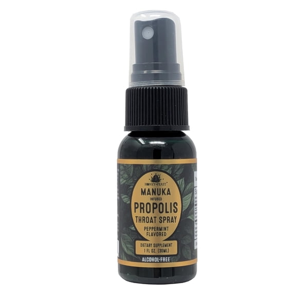Honey Feast Manuka-Infused Propolis Throat Spray – 95% Bee Propolis Extract with Peppermint, Alcohol-Free Immune & Throat Support – Clean Antioxidants (1 fl oz)