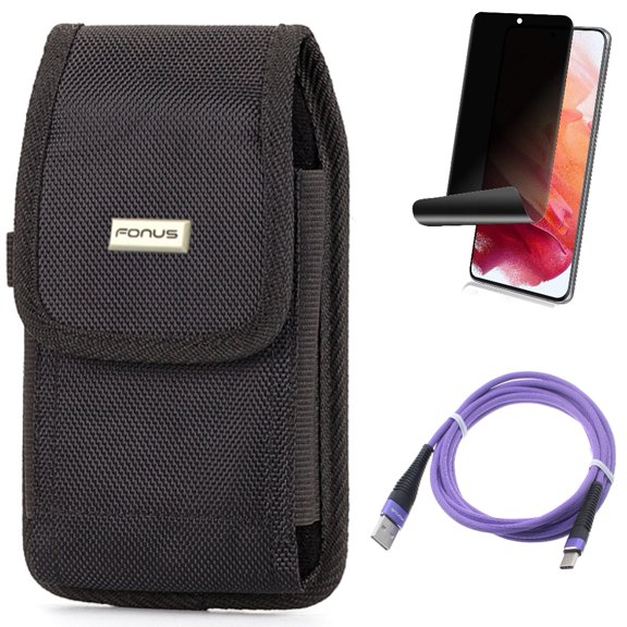 6ft USB Cable & Privacy Screen Protector & Case Belt Clip for Samsung Galaxy S22 (6.1") - Purple Type-C & TPU Film Fingerprint Works & Rugged Holster Accessory Bundle