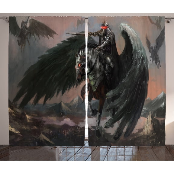 Ambesonne Black Curtains 2 Panel Set, Pegasus King Leading, 108" x 84", Black Brown