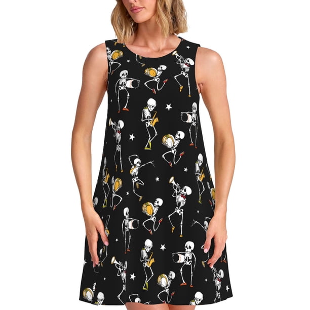 Easygdp Playing Music Skeletons para Vestido Transpirable de Mujer, Vestido Suelto de Manga Corta con Pliegues y Bolsillos para el Verano