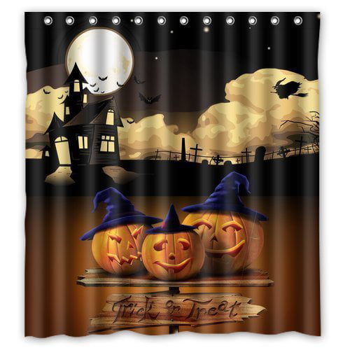 Halloween Shower Curtain Graveyard Spooky House Jack O Lanterns Moon Bats 70x70 