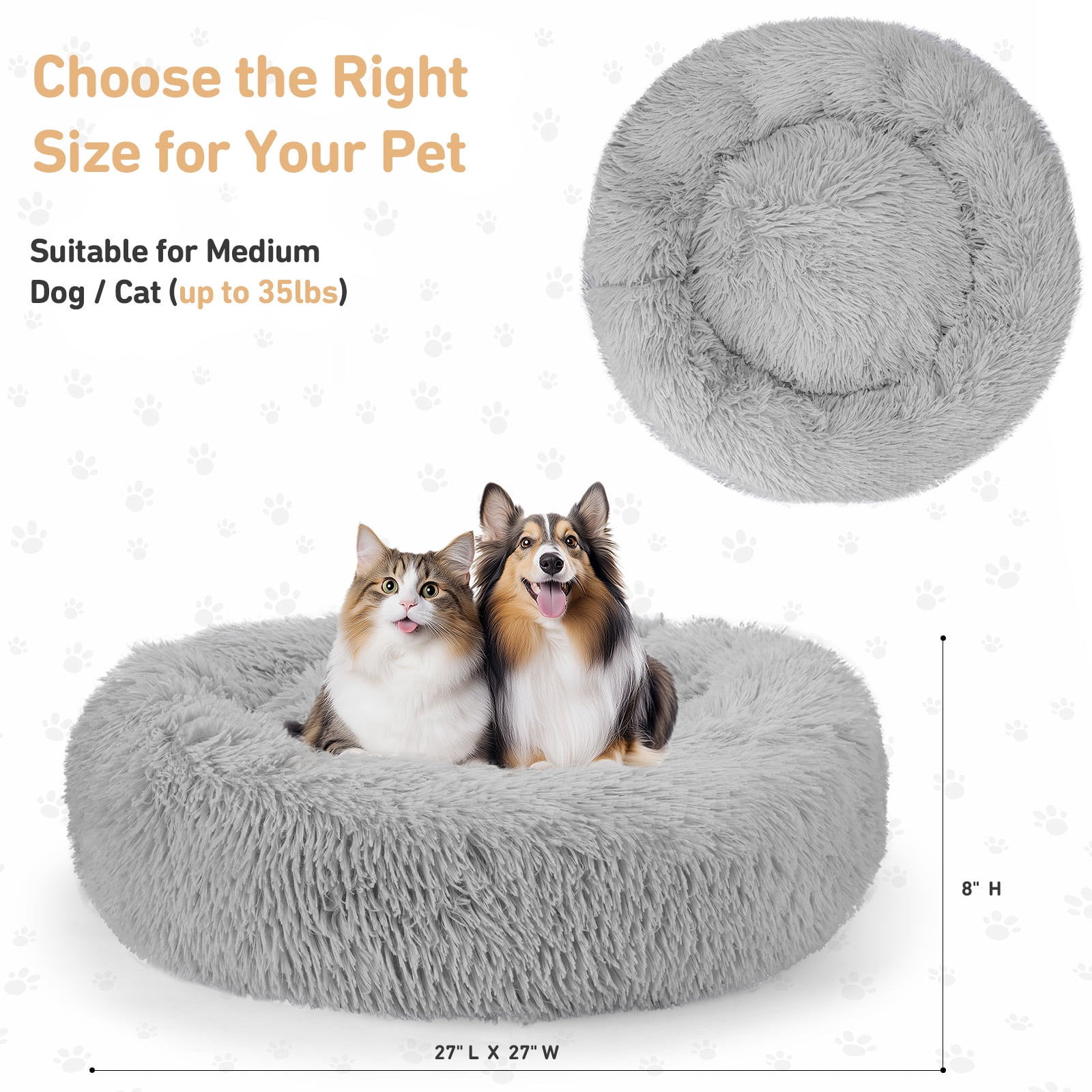 Zephypaws 27in Calming Dog Bed for Small Medium Dogs,Donut Washable Puppy Bed,Anti-Slip Round Fluffy Plush Faux Fur Pet Bed,Gray