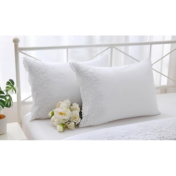 White Lace Pillow Shams with 3D Flowers Retro Noble Luxury Elegant Look Pillowcases 100% Cotton Standard Size 2-Pack