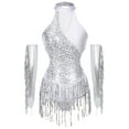 thumbnail image 1 of TiaoBug Tenue de Danse Latine à Franges pour Femmes Justaucorps Brillant avec Gants Robe de Danse de Salon Argent P, 1 of 6