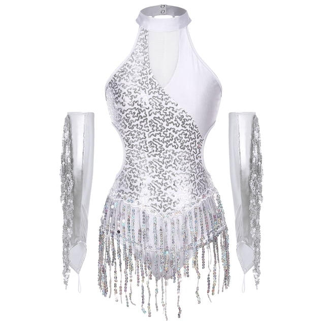 TiaoBug Tenue de Danse Latine à Franges pour Femmes Justaucorps Brillant avec Gants Robe de Danse de Salon Argent P