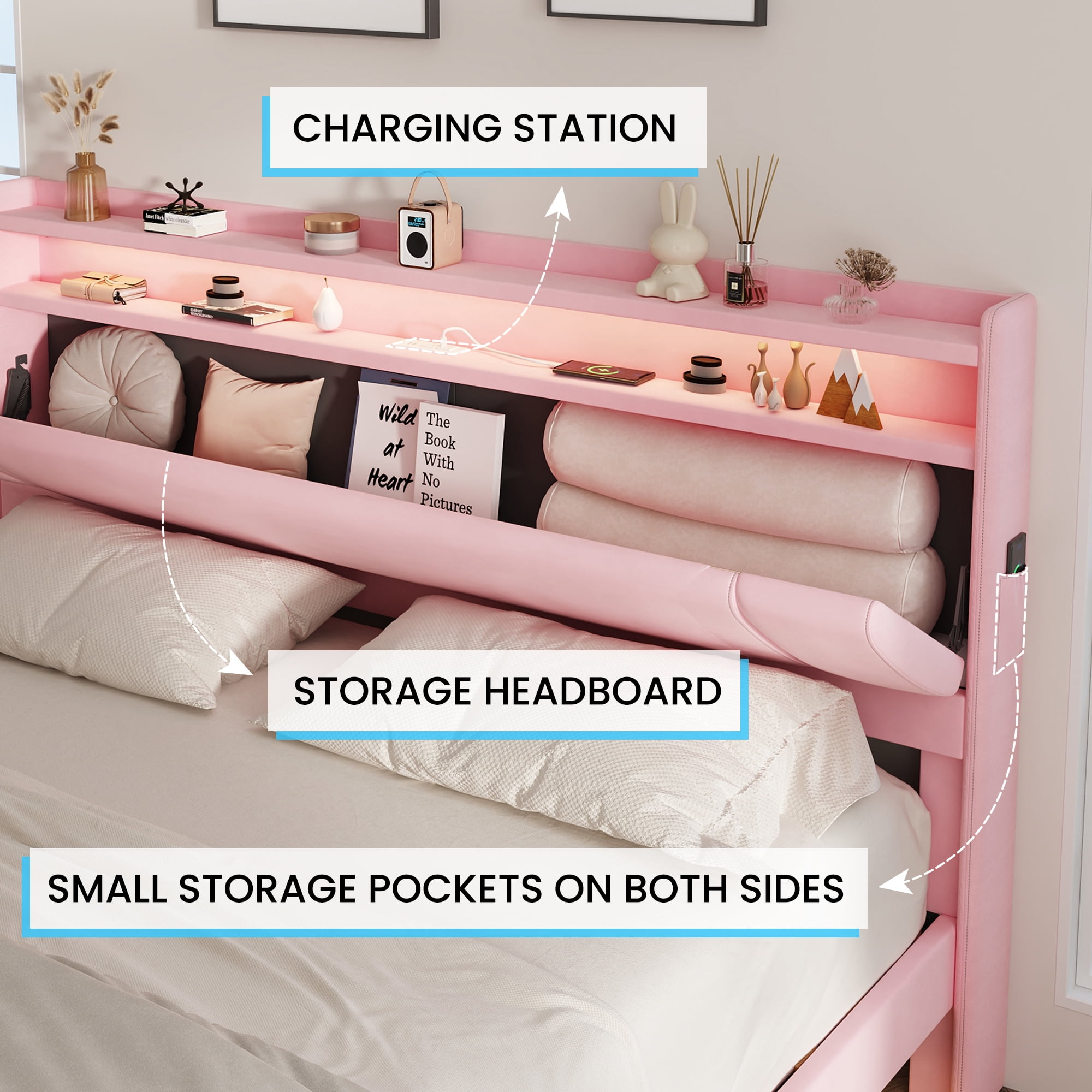 NEGYLIM Floating Bed Frame Twin Size with LED Lights, Easy to Assemble, Metal Platform Bed with Storage Headboard, No Box Spring Needed, Pink