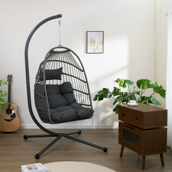 Modern Outdoor Egg Chair with Stand, Patio PE Rattan Swing Chair, Black   Gray