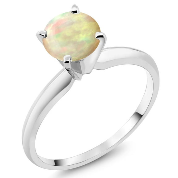 Gem Stone King 14K White Gold White Ethiopian Opal Solitaire Engagement 4-Prong Ring for Women | 0.56 Cttw | Round 6MM | Gemstone October Birthstone (Size 8)