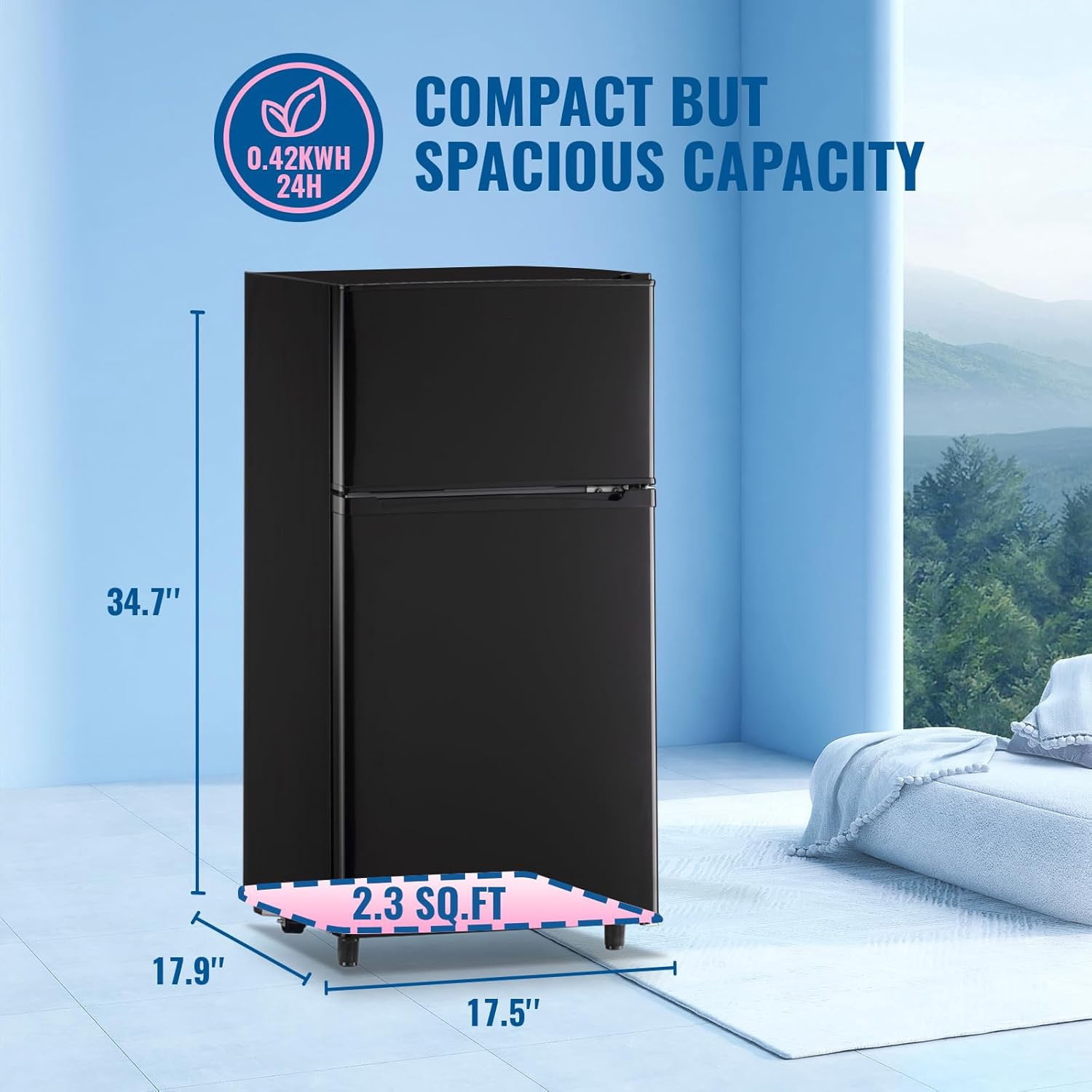 WANAI 3.5 Cubic feet Small Refrigerator with Freezer on Top Double Door Mini Fridge New Black