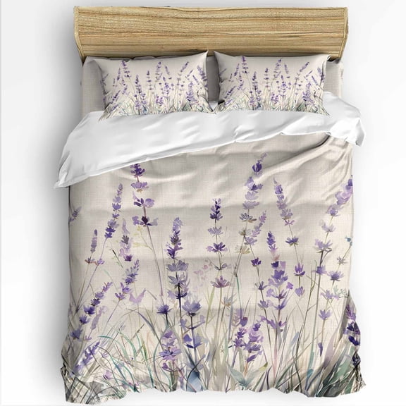 Spring Flower Full Size Comforter Set, Vintage Purple Lavender Linen Texture Soft Bedding for All Seasons, 4 Pcs Bed Set with 1Comforter (86"x86") ,1 Sheet(80"x116"), 2 Pillowcases (19"x29")
