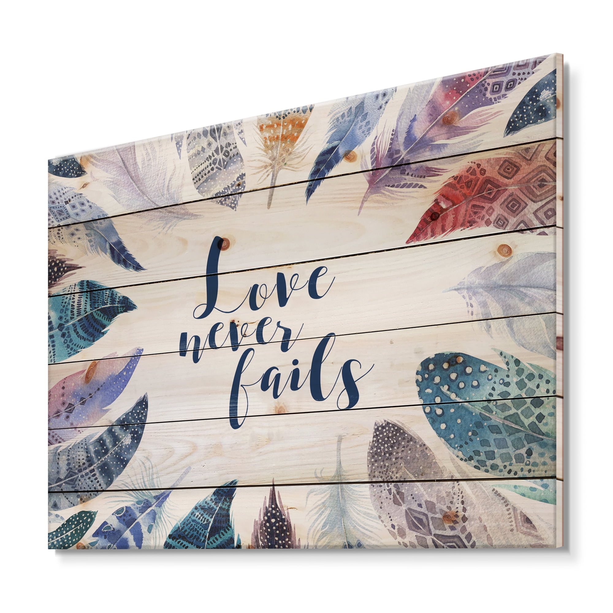 Designart 'Inspiring Quote With Boho Feathers' Bohemian & Eclectic Print on Natural Pine Wood