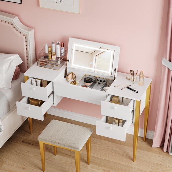 TROPOW 47“ Makeup Vanity Desk with Flip Top Mirror and Lights, 3 Lighting Mode, 3 in 1 Vanity Table with 5 Drawers, Make Up Vanity Set with Chair for Bedroom