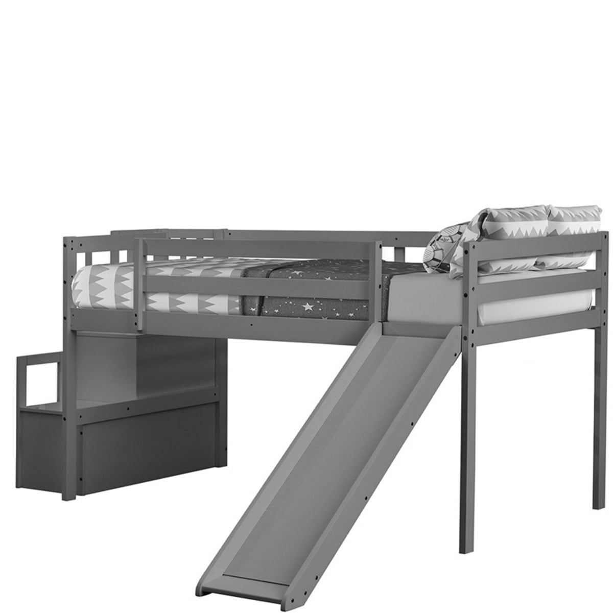 Bunk Bed with Staircase and Slide, Kids Wood Twin Loft Bed, Grey