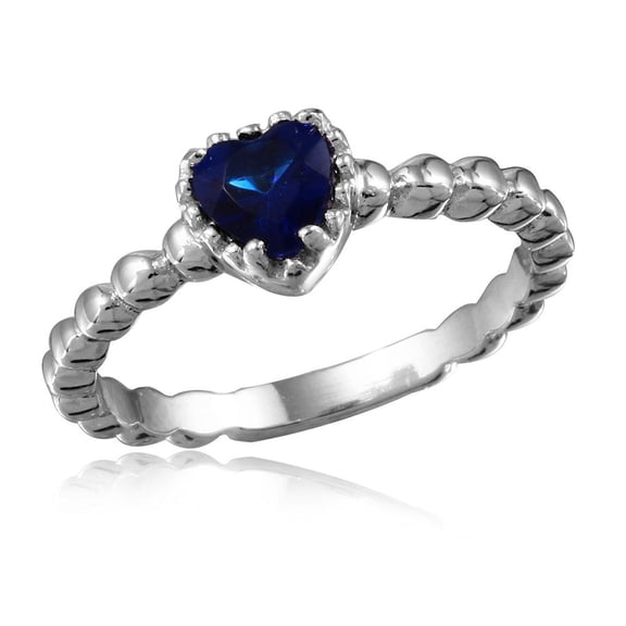 Rhodium Plated Sterling Silver 925 Beaded Band Blue Heart Ring Band CZ Jewelry Female Size 6