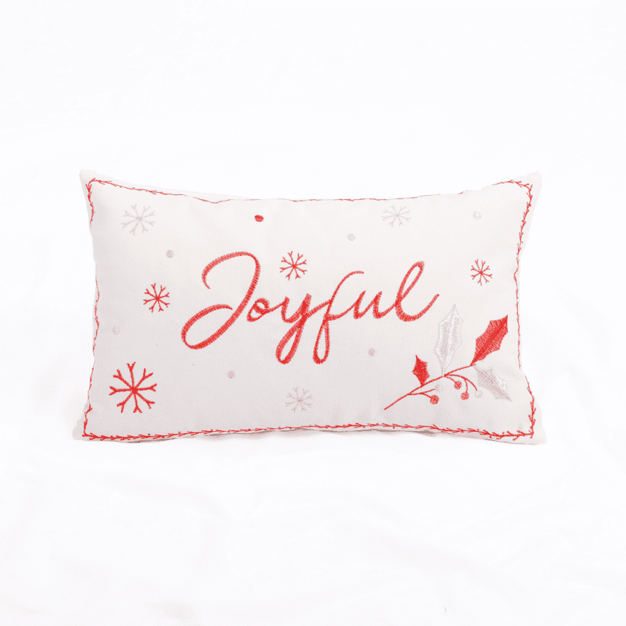Embroidered "Joyful" Rectangular Christmas Throw Pillow - 19" - Red and White