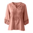 thumbnail image 4 of Cotton Linen Shirts for Women Summer Crew Neck Boho Retro Embroidered Tops 3/4 Sleeve Dressy Casual Blouses Loose Tunics Cute Going Out Beach Vacation Outfits, 4 of 4