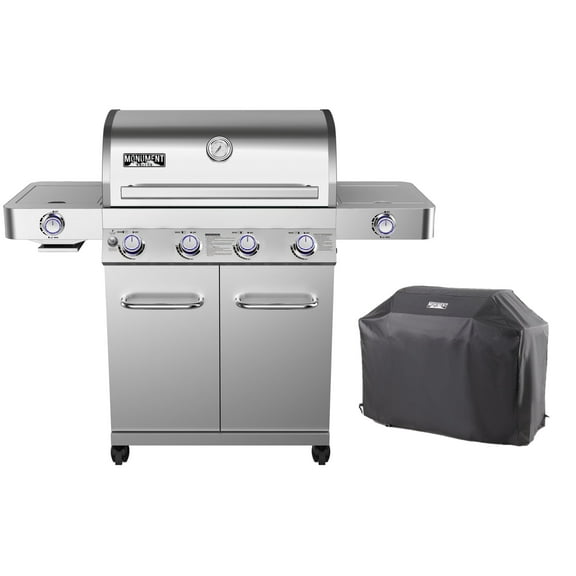 Monument Grills 4-Burner Propane Gas Grill in Stainless with LED Controls, Grill Cover, Side and Side Sear Burners
