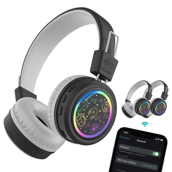 MEE audio KidJamz Share Bluetooth Wireless Headphones for Kids with LED Lights, 85dB Volume Limiter, Mic, 40h battery; Childrens Headset for School/Classroom/Online Learning (Model: KJ55BT-S, 1-Pack)