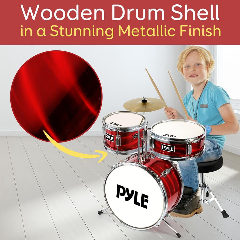 Pyle Drum Set for Kids - 3 Piece Beginner Drum Kit, Silencing Pads 13" Complete Junior Drummer Kit with Wooden Shells, Bass.