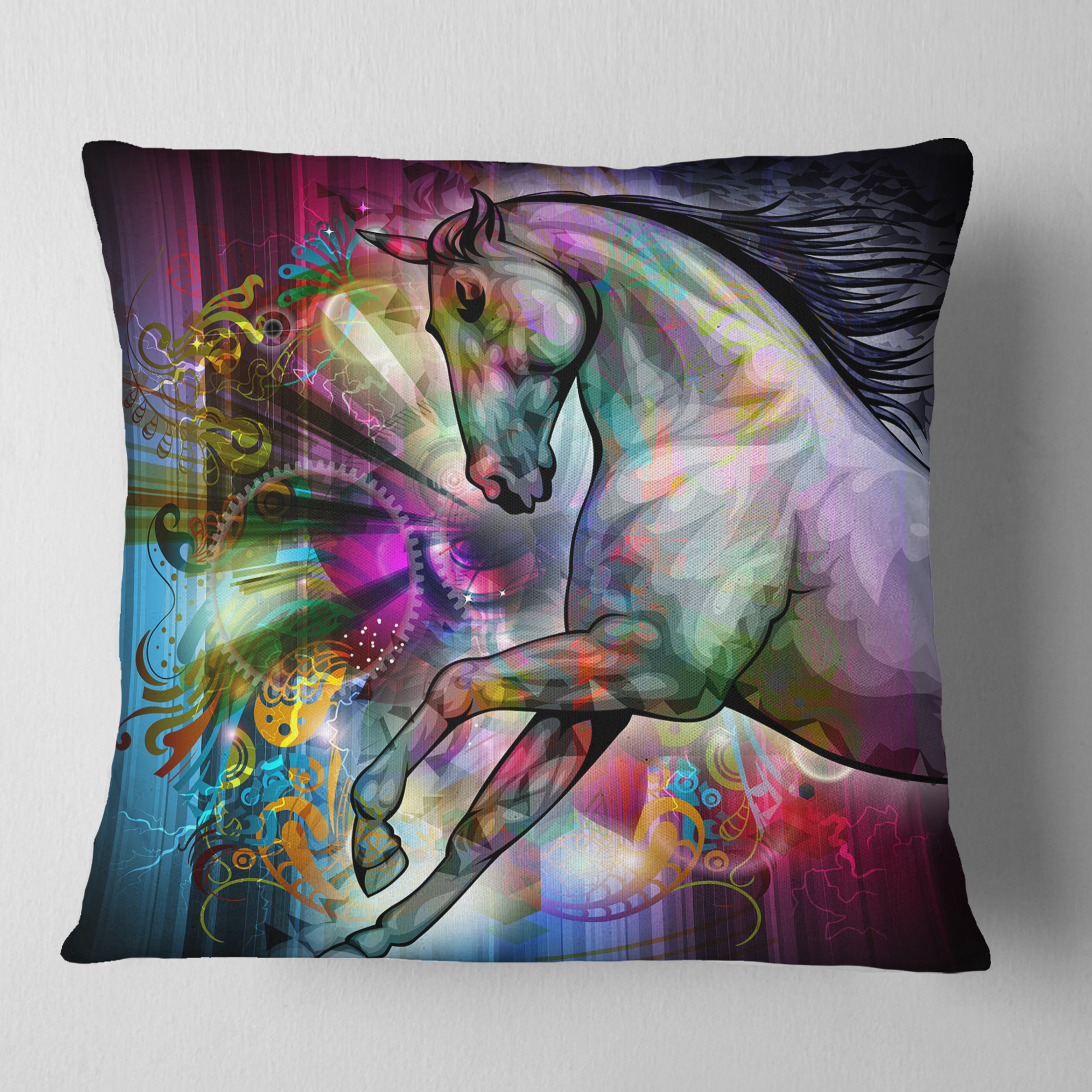 Designart Horse over Colorful Abstract Image - Animal Throw Pillow - 18x18