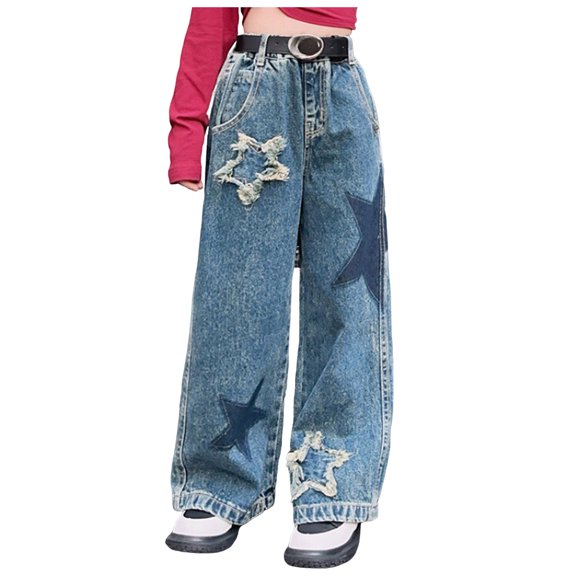 Karoyedx Jeans for Kids Girls Toddler Girl's Ripped Jeans Elastic Waist Baggy Wide Leg Denim Pants with Pockets Streetwear Blue Size,9-10 Years