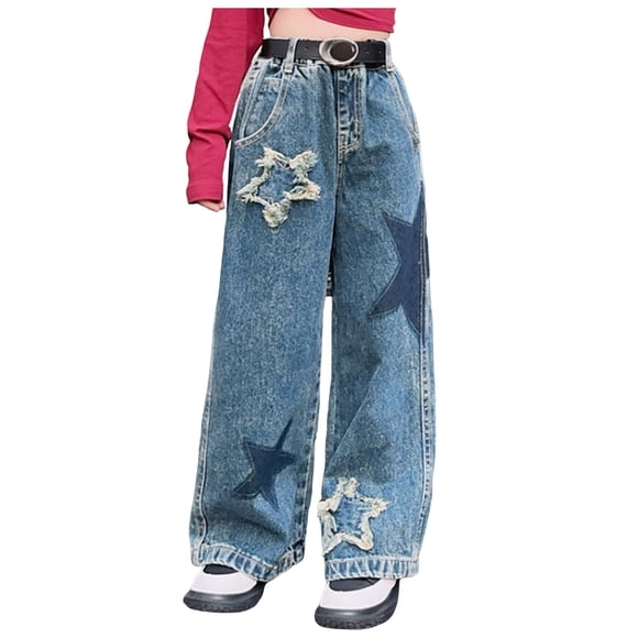 Fsqjgq Wide Leg Jeans for Teen Girls Baggy Jean Trousers High Elastic Waisted Denim Pants Casual Girl Clothes with Pockets
