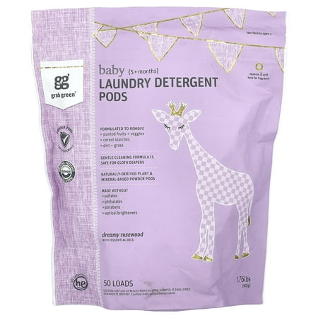 Grab Green Baby Laundry Detergent Pods, 50 Count, Dreamy Rosewood, Plant and Mineral Based, Formulated to Tackle Growing Baby (5 Months and Older) Laundry Stains