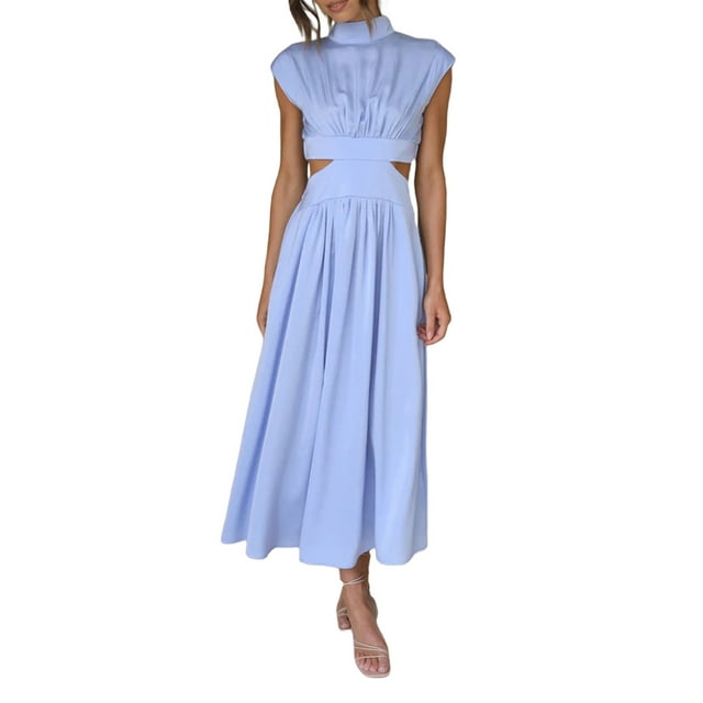 SUNSIOM Robes d'Été pour Femmes Plage Décontractée Sans Manches Col Montant Taille Creuse Longue Robe Couleur Unie Vacances Robe Ample