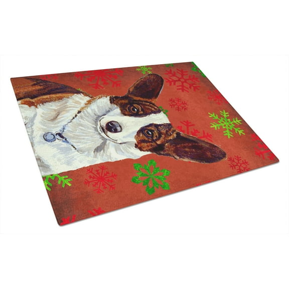 Caroline's Treasures LH9333LCB Corgi Red and Green Snowflakes Holiday Christmas Glass Cutting Board Large, 12H x 16W,