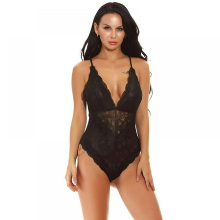V-Neck See Through Lingerie Floral Lace Babydoll Sexy Lingerie for Women One Piece Bodysuit